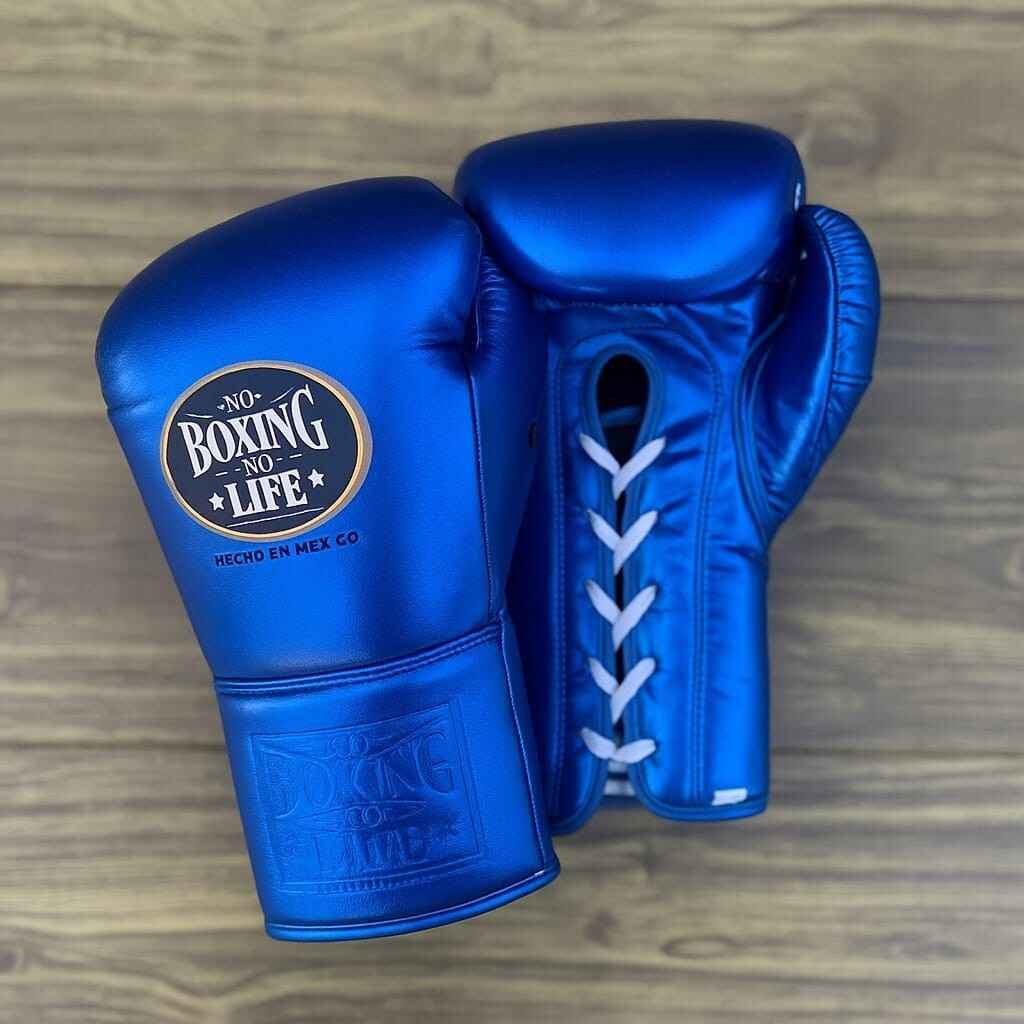 No Boxing No Life Metallic Blue Professional Lace-Up Gloves | PunchPro Boxing - PunchPro Boxing