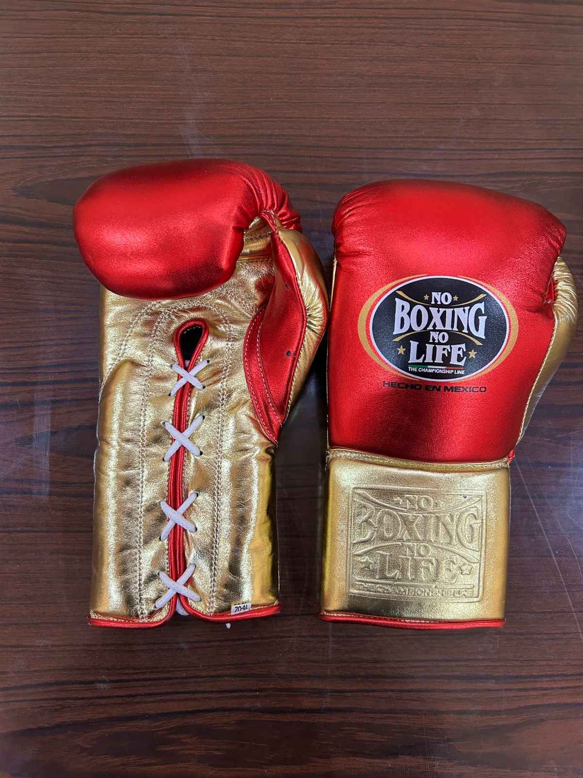 No Boxing No Life Boxing Gloves - Metallic Red & Gold Edition - Professional Lace-Up Design - PunchPro Boxing