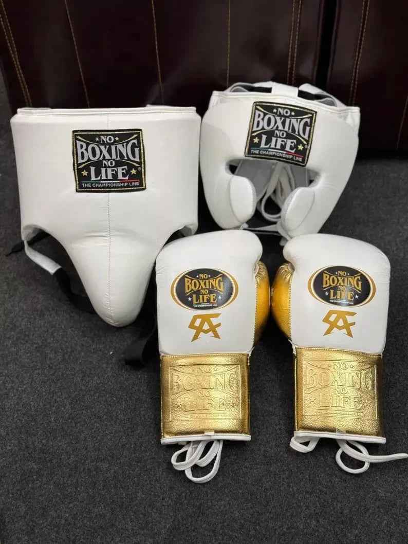 No Boxing No Life Boxing Gear Set - Professional Gloves, Headguard, and Groinguard Set in White & Metallic Gold Custom Edition - PunchPro Boxing