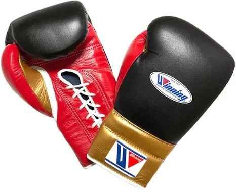 Winning Lace-Up Boxing Gloves - Professional Custom Design in Black, Red & Gold - PunchPro Boxing