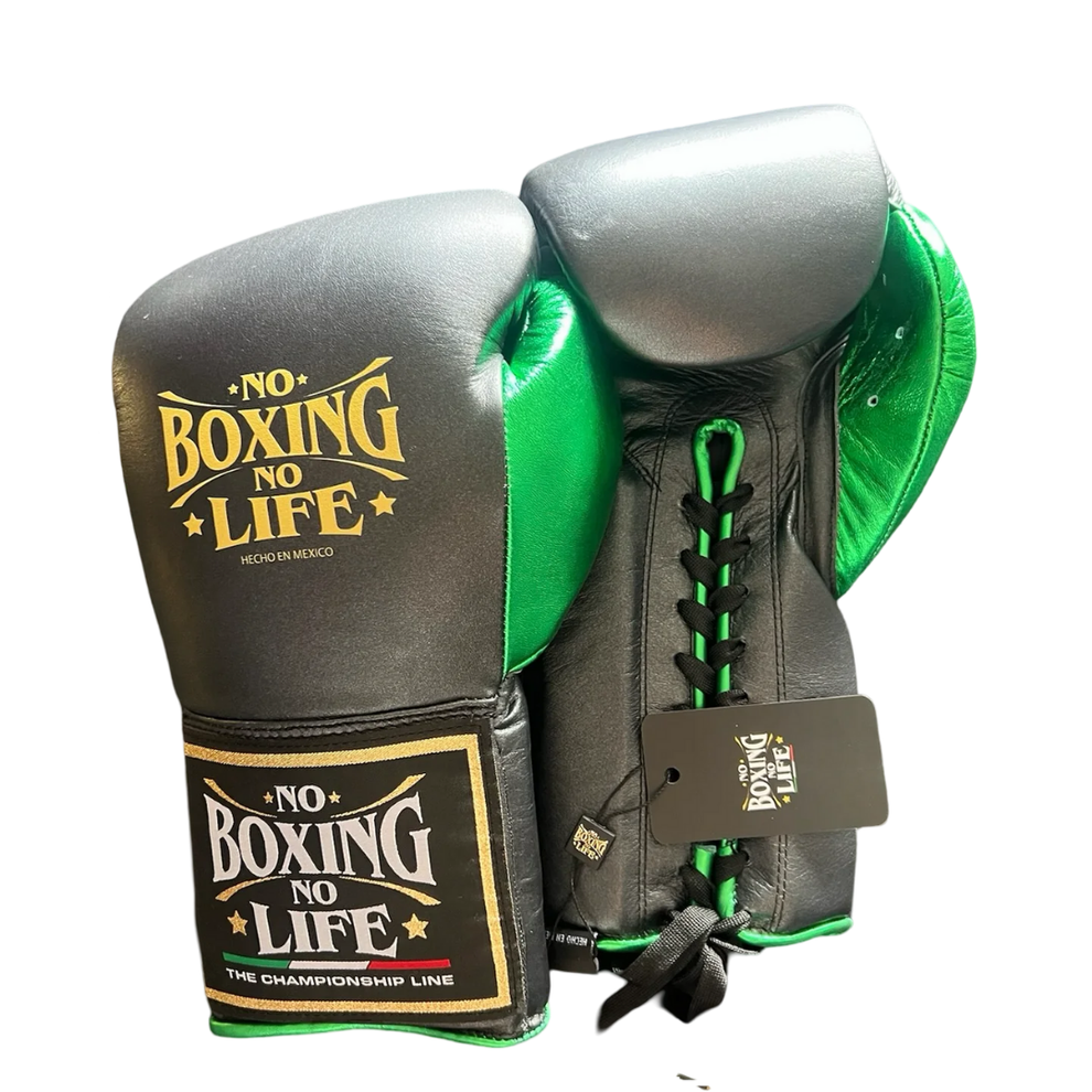 No Boxing No Life Professional Lace-Up Boxing Gloves - Grey & Forest Green Edition - PunchPro Boxing