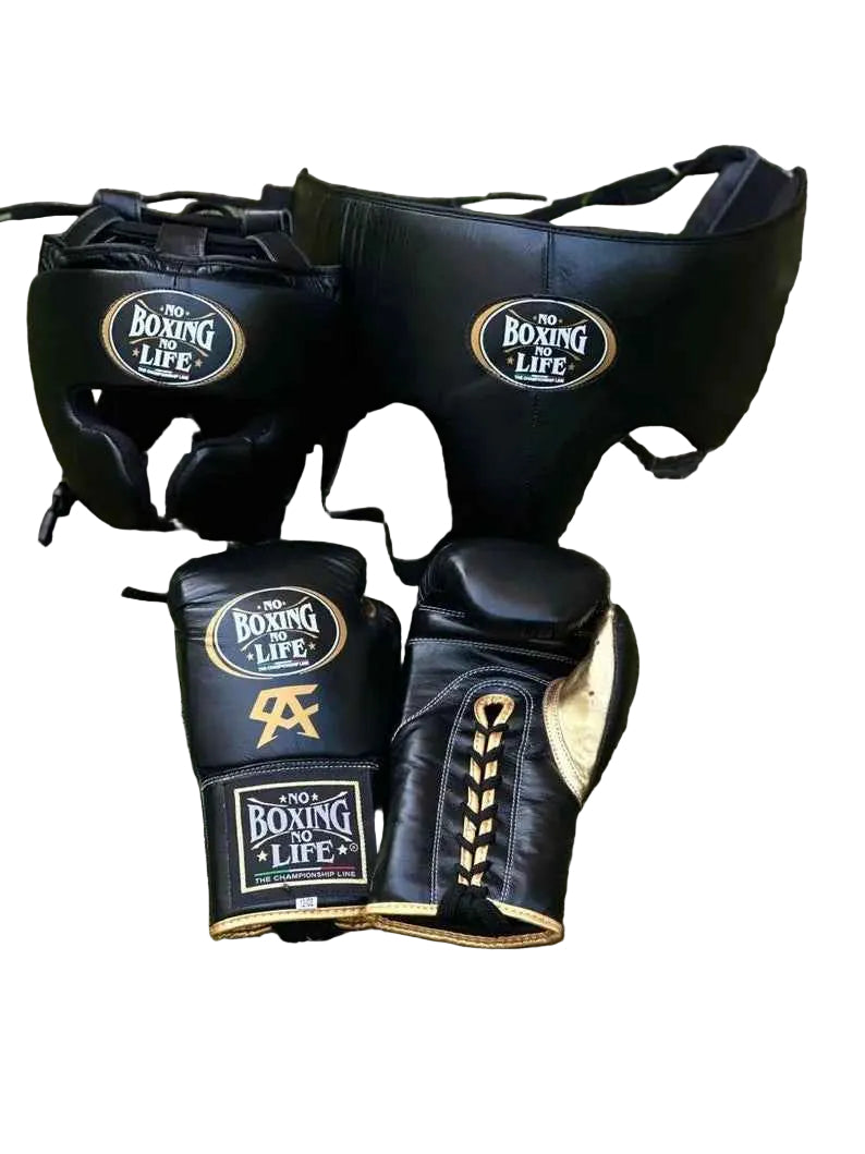 No Boxing No Life Professional Gloves, Headguard, and Groinguard Set - Black & Gold Custom Edition - PunchPro Boxing