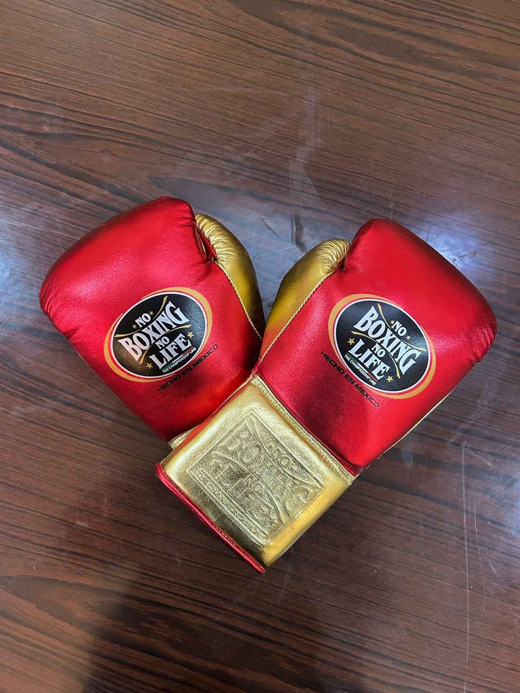 No Boxing No Life Boxing Gloves - Metallic Red & Gold Edition - Professional Lace-Up Design - PunchPro Boxing