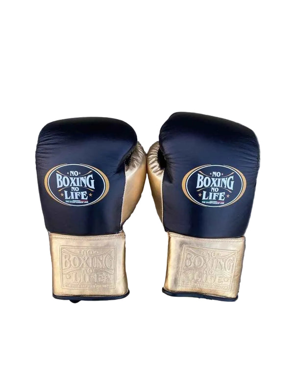 No Boxing No Life Boxing Gloves - Professional Lace-Up Black & Metallic Gold Edition - PunchPro Boxing