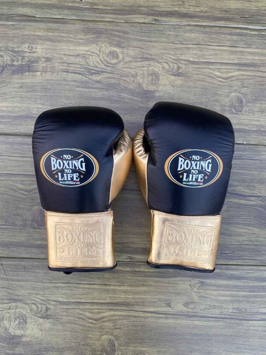 No Boxing No Life Gloves Set - Professional Gloves, Headguard, and Groinguard Set in Black & Metallic Gold Custom Edition - PunchPro Boxing