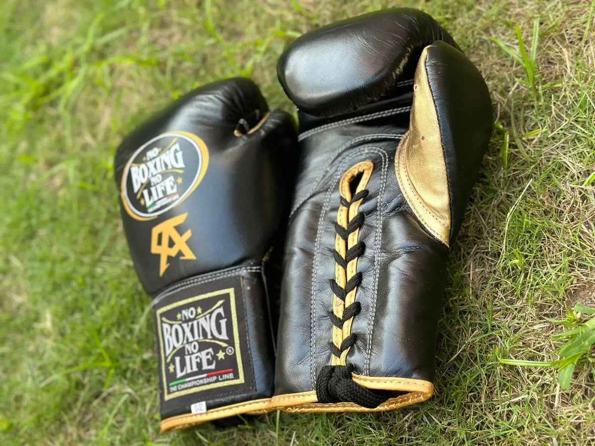 No Boxing No Life Professional Gloves, Headguard, and Groinguard Set - Black & Gold Custom Edition - PunchPro Boxing