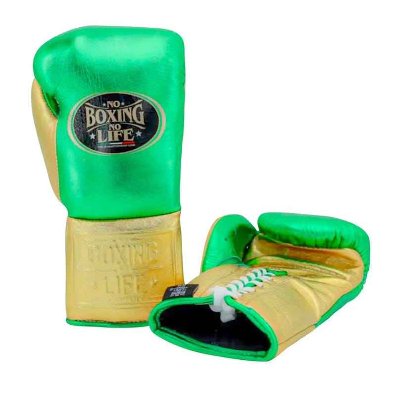 No Boxing No Life Professional Lace-Up Boxing Gloves - Metallic Lime Green & Gold Edition - PunchPro Boxing