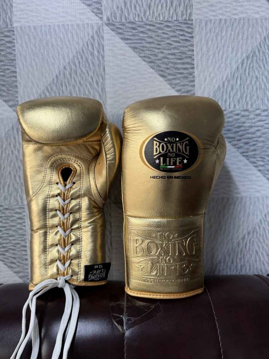 No Boxing No Life Professional Lace-Up Boxing Gloves - Metallic Gold Edition - PunchPro Boxing