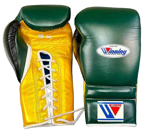 Winning Professional Lace-Up Boxing Gloves - Premium Sparring & Training Gloves in Green & Yellow, Available in All Sizes (8oz–18oz) - PunchPro Boxing