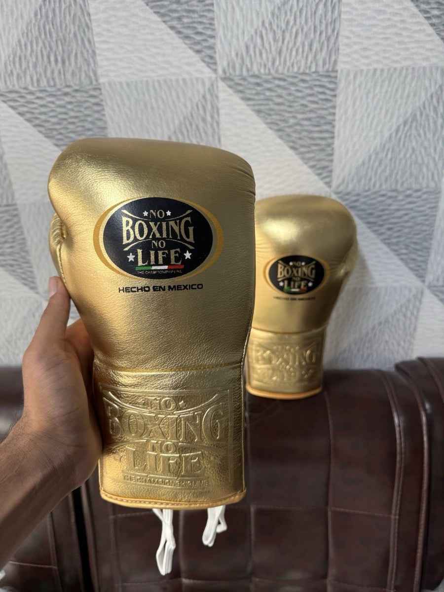 No Boxing No Life Professional Lace-Up Boxing Gloves - Metallic Gold Edition - PunchPro Boxing