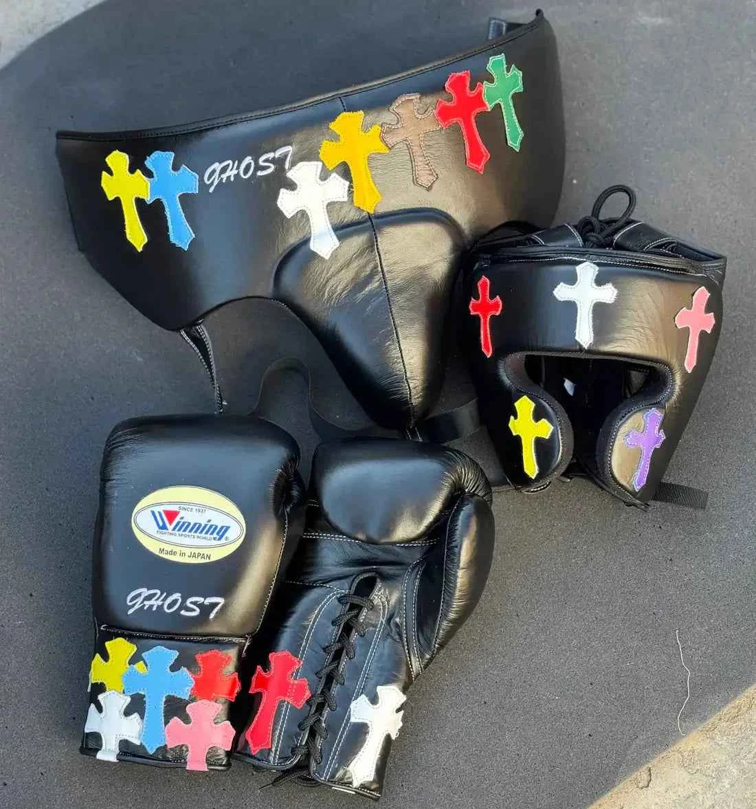 Winning Boxing Training Set - Custom Black Multi-Color Cross Patch Edition - PunchPro Boxing