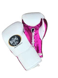 No Boxing No Life Boxing Gloves - Professional Lace-Up White & Metallic Pink Edition - PunchPro Boxing