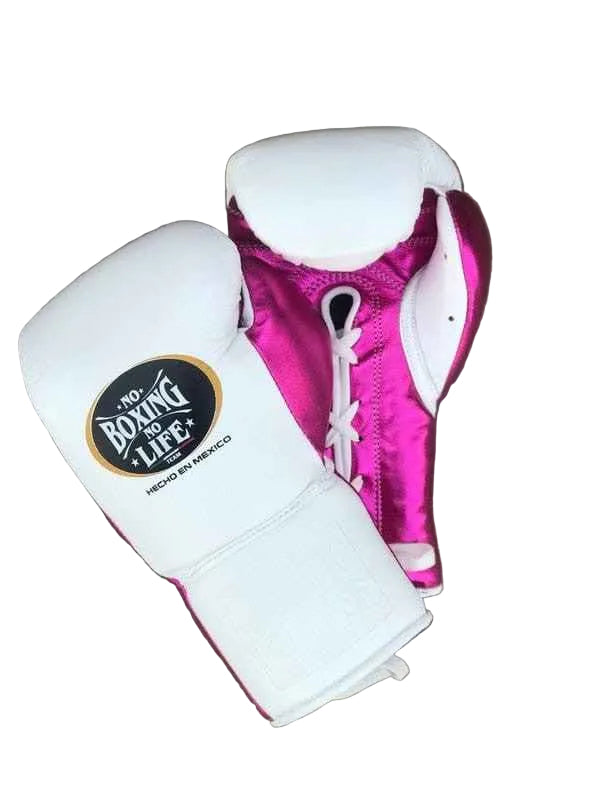 No Boxing No Life Boxing Gloves - Professional Lace-Up White & Metallic Pink Edition - PunchPro Boxing