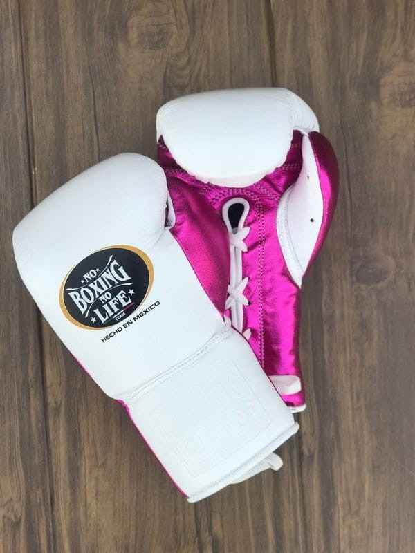 No Boxing No Life Boxing Set – Metallic Pink & White Handmade Gloves, Headgear & Groin Guard (8oz–16oz) from Mexico - PunchPro Boxing