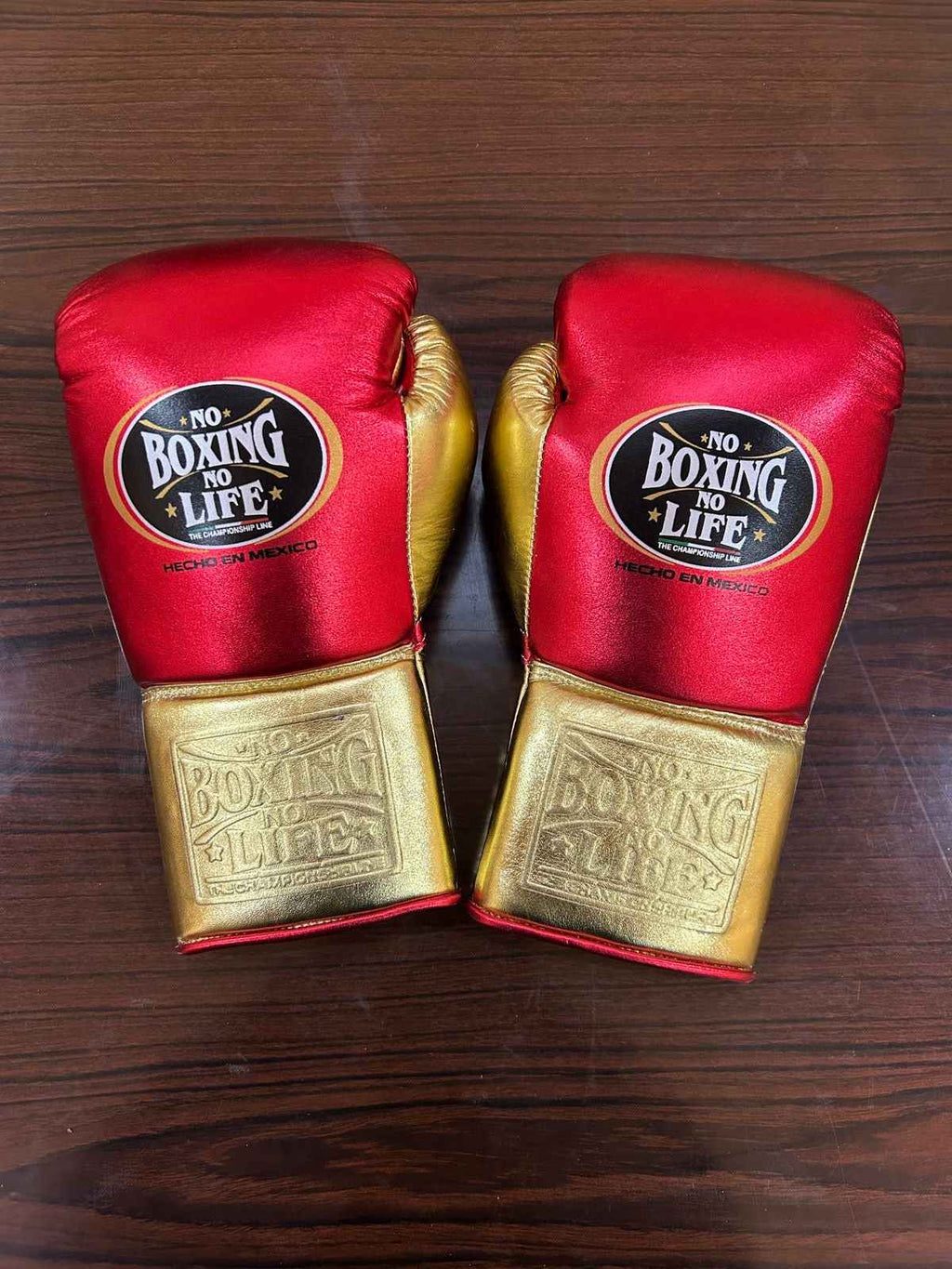 No Boxing No Life Boxing Gloves - Metallic Red & Gold Edition - Professional Lace-Up Design - PunchPro Boxing