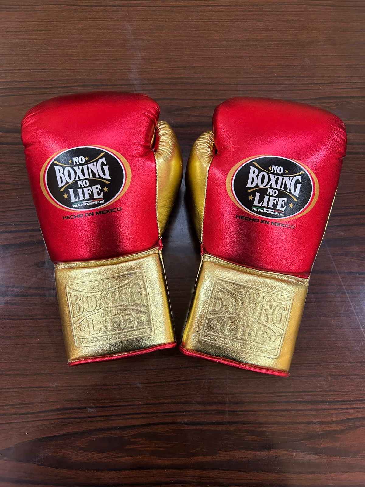 No Boxing No Life Boxing Gloves - Metallic Red & Gold Edition - Professional Lace-Up Design - PunchPro Boxing