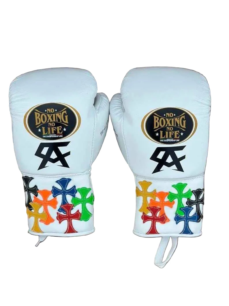 No Boxing No Life Professional Lace-Up Boxing Gloves - White Multi-Color Cross-Patch Edition - PunchPro Boxing