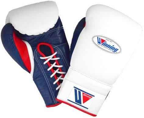 Winning Custom Boxing Gloves - Professional Lace-Up Design in Navy, White & Red - PunchPro Boxing
