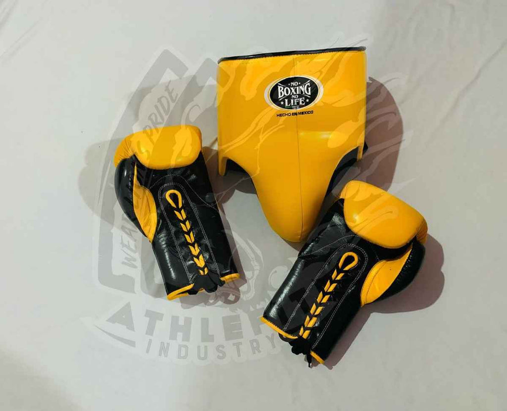 No Boxing No Life Professional Gloves, Headguard, and Groinguard Set - Mustard Yellow & Black Custom Edition - PunchPro Boxing