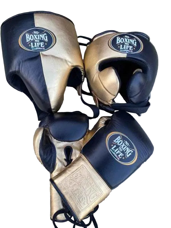 No Boxing No Life Gloves Set - Professional Gloves, Headguard, and Groinguard Set in Black & Metallic Gold Custom Edition - PunchPro Boxing