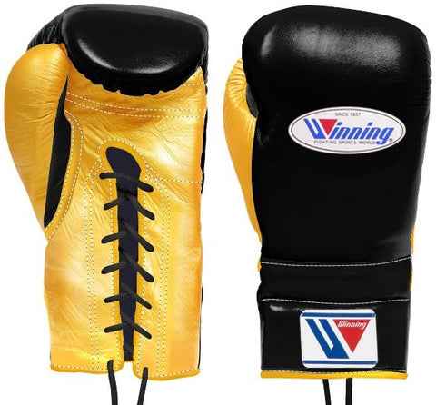 Winning Lace-Up Boxing Gloves - Custom Black & Gold Professional Gear - PunchPro Boxing