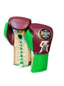 No Boxing No Life Boxing Gloves - Professional Lace-Up Boxing Gloves in Burgundy & Lime Green Squad Edition - PunchPro Boxing