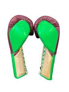 No Boxing No Life Boxing Gloves - Professional Lace-Up Boxing Gloves in Burgundy & Lime Green Squad Edition - PunchPro Boxing