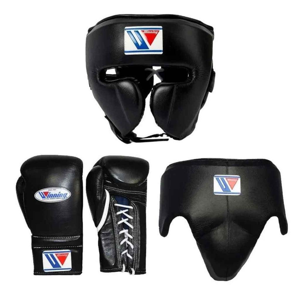 Black boxing gear set with a brand logo on a white background