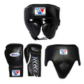 Black boxing gear set with a brand logo on a white background