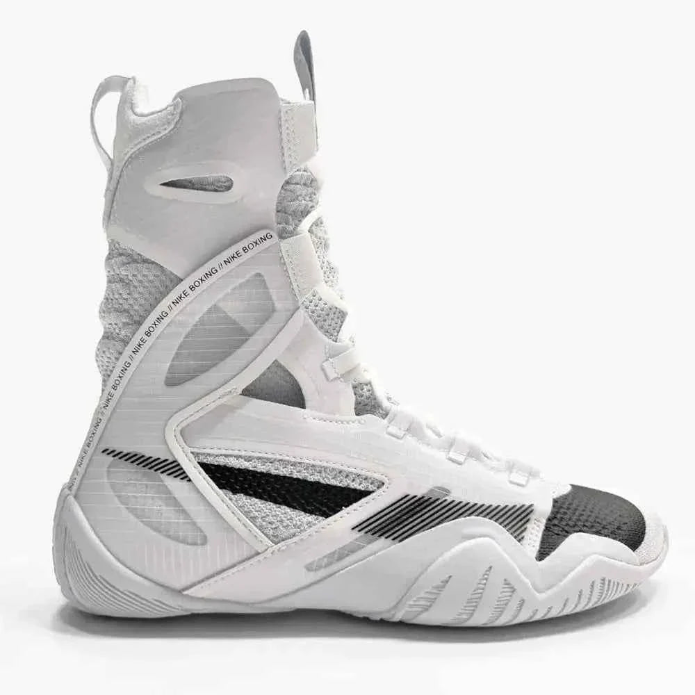 Nike HyperKo 2 boxing shoes in sleek white and black featuring a high-top ankle support frame and a split traction sole available at PunchPro Boxing.