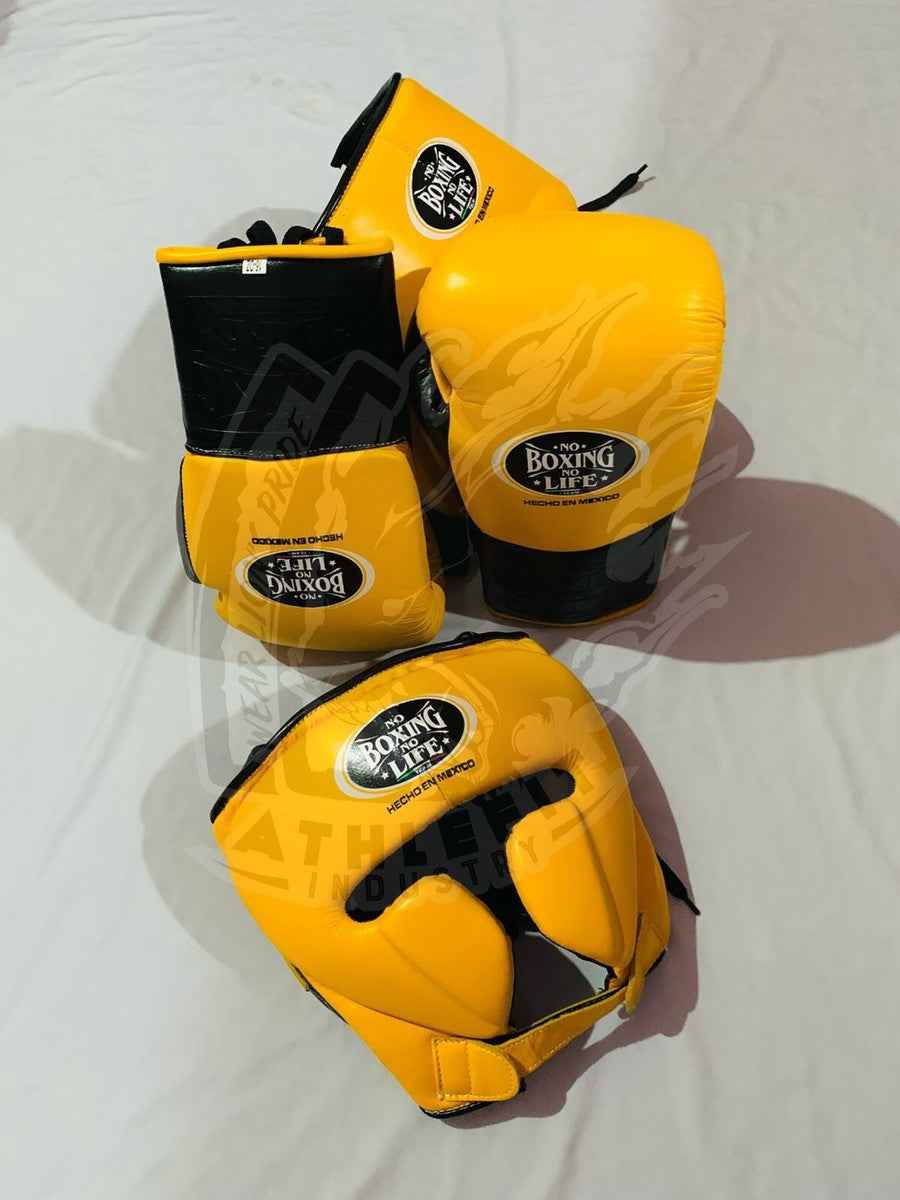 No Boxing No Life Professional Gloves, Headguard, and Groinguard Set - Mustard Yellow & Black Custom Edition - PunchPro Boxing