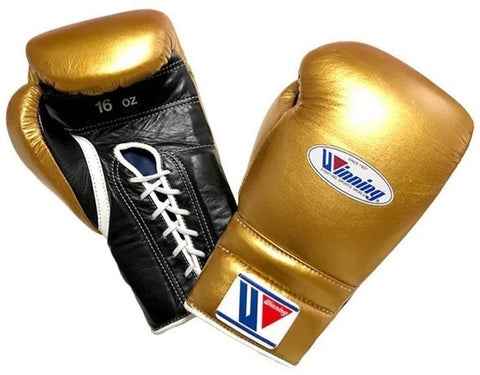 Winning Boxing Gloves - Professional Lace-Up Design in Metallic Gold & Black - PunchPro Boxing
