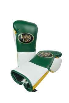 No Boxing No Life Boxing Gloves - Professional Lace-Up Gloves in Forest Green, White & Gold Edition - PunchPro Boxing