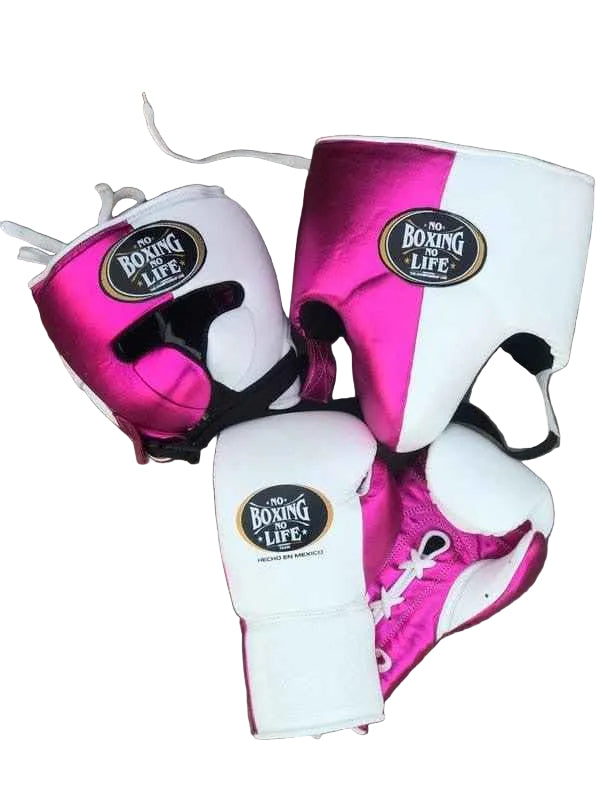 No Boxing No Life Boxing Set – Metallic Pink & White Handmade Gloves, Headgear & Groin Guard (8oz–16oz) from Mexico - PunchPro Boxing