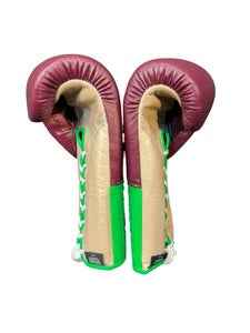 No Boxing No Life Boxing Gloves - Professional Lace-Up Boxing Gloves in Burgundy & Lime Green Squad Edition - PunchPro Boxing