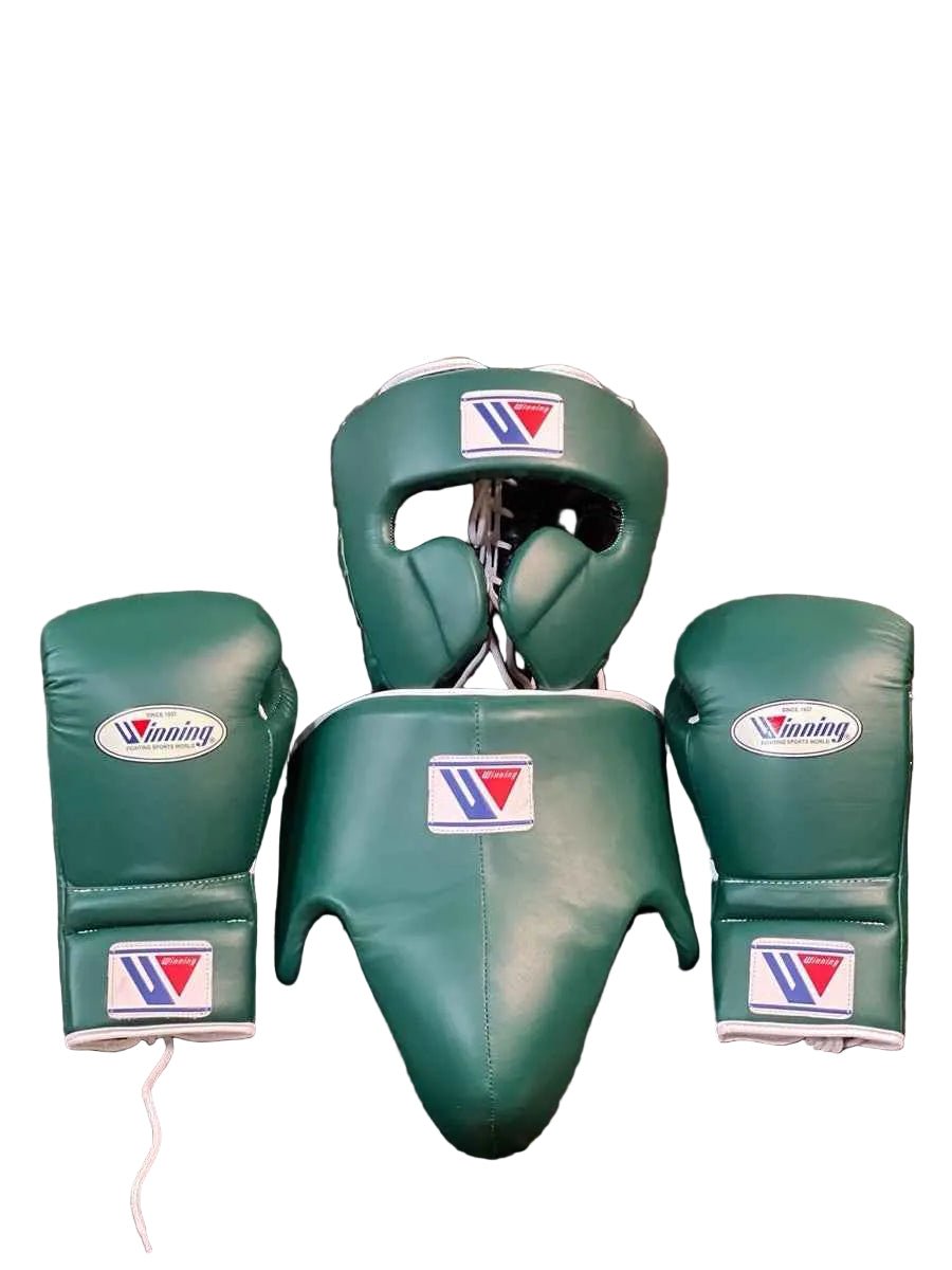 Winning Professional Boxing Training Set - Forest Green (Gloves, Headgear & Groin Guard) - PunchPro Boxing
