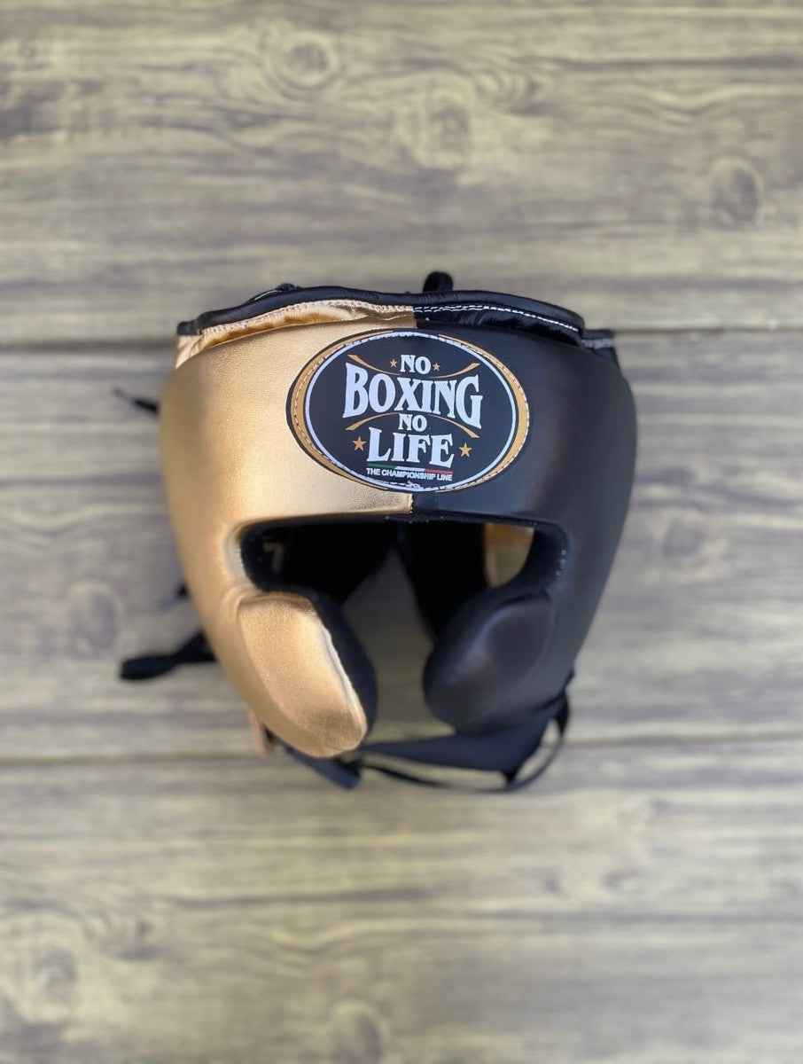 No Boxing No Life Gloves Set - Professional Gloves, Headguard, and Groinguard Set in Black & Metallic Gold Custom Edition - PunchPro Boxing