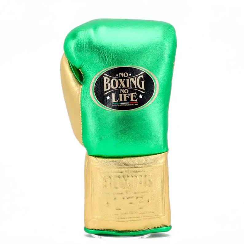 No Boxing No Life Professional Lace-Up Boxing Gloves - Metallic Lime Green & Gold Edition - PunchPro Boxing