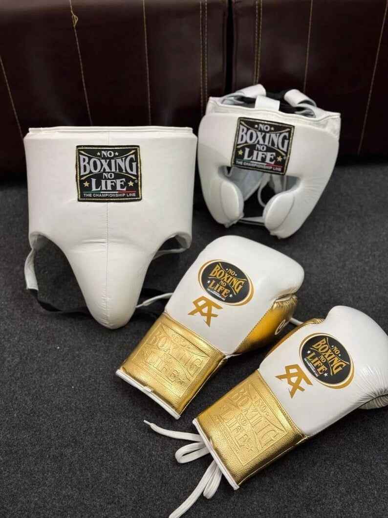 No Boxing No Life Boxing Gear Set - Professional Gloves, Headguard, and Groinguard Set in White & Metallic Gold Custom Edition - PunchPro Boxing