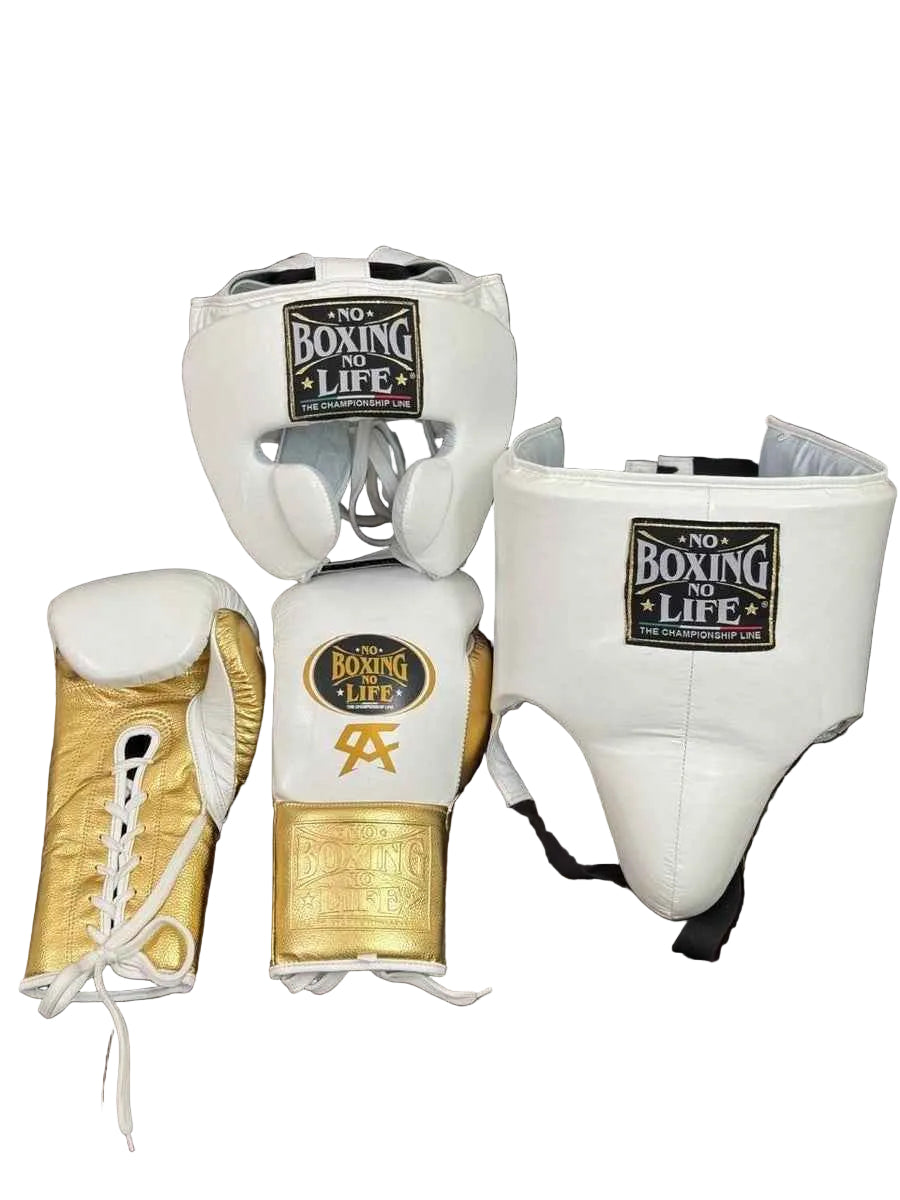 No Boxing No Life Boxing Gear Set - Professional Gloves, Headguard, and Groinguard Set in White & Metallic Gold Custom Edition - PunchPro Boxing