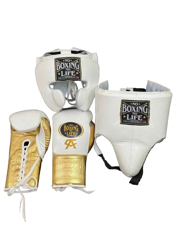 No Boxing No Life Boxing Gear Set - Professional Gloves, Headguard, and Groinguard Set in White & Metallic Gold Custom Edition - PunchPro Boxing