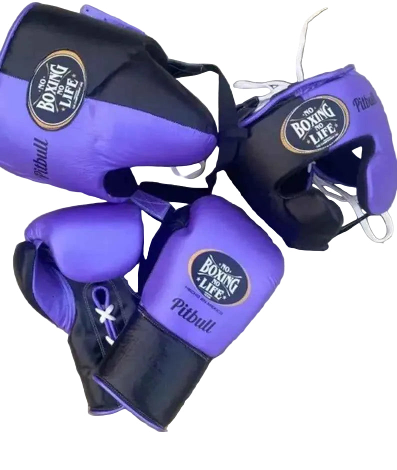 No Boxing No Life Gloves Set - Professional Gloves, Headguard, and Groinguard Set in Purple & Black Custom Edition - PunchPro Boxing