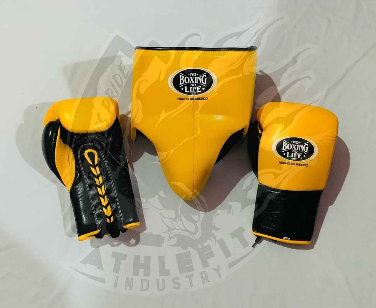 No Boxing No Life Professional Gloves, Headguard, and Groinguard Set - Mustard Yellow & Black Custom Edition - PunchPro Boxing