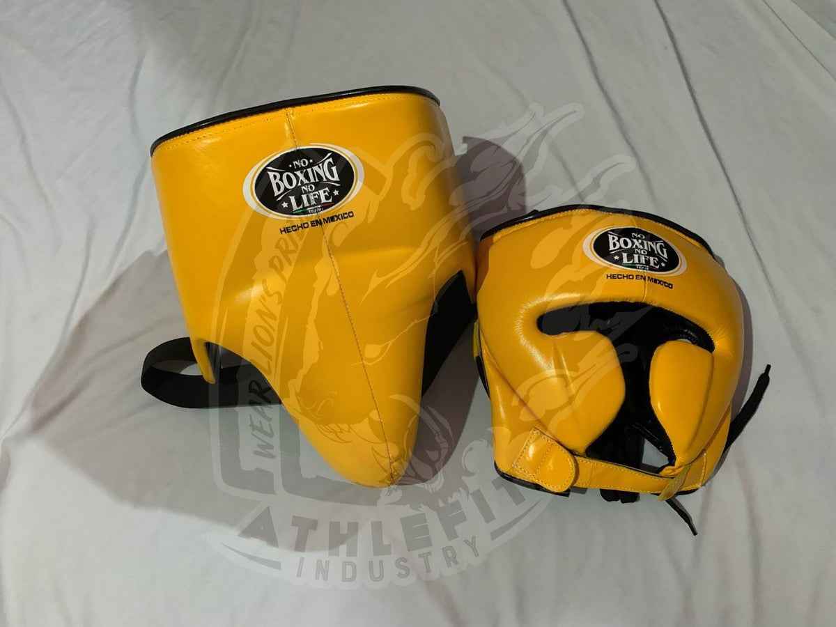 No Boxing No Life Professional Gloves, Headguard, and Groinguard Set - Mustard Yellow & Black Custom Edition - PunchPro Boxing