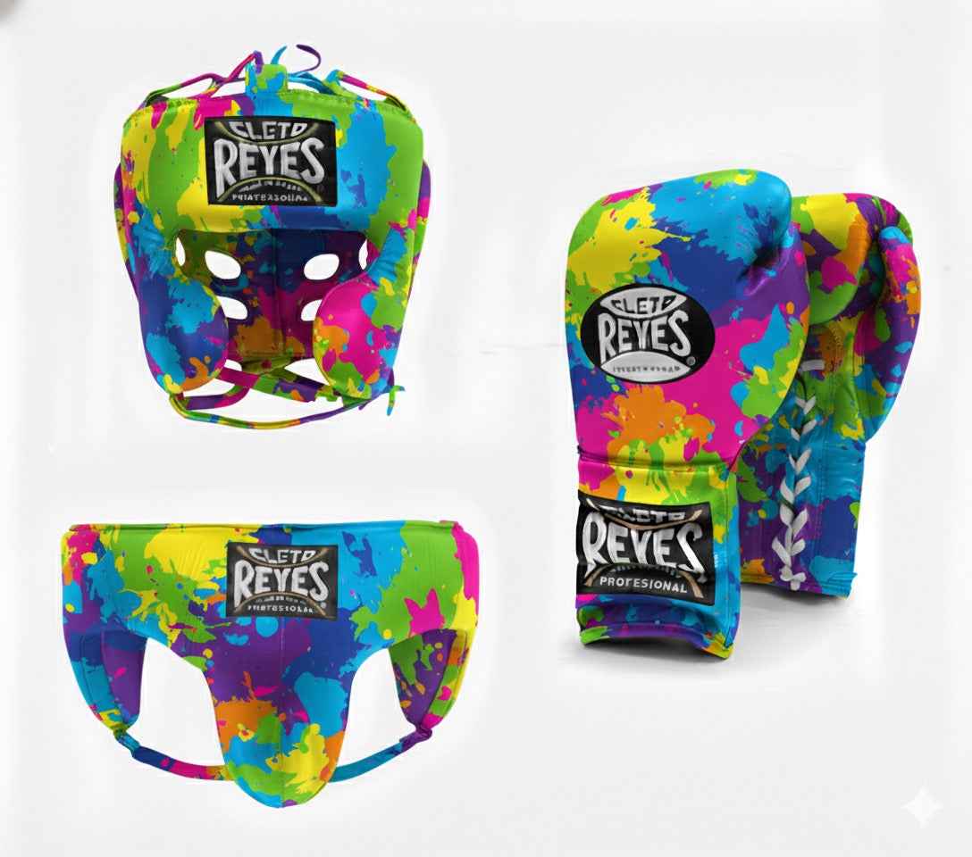 Cleto Reyes Professional Gloves, Headguard, and Groinguard Set - Multicolor Paint Splatter Custom Edition - PunchPro Boxing