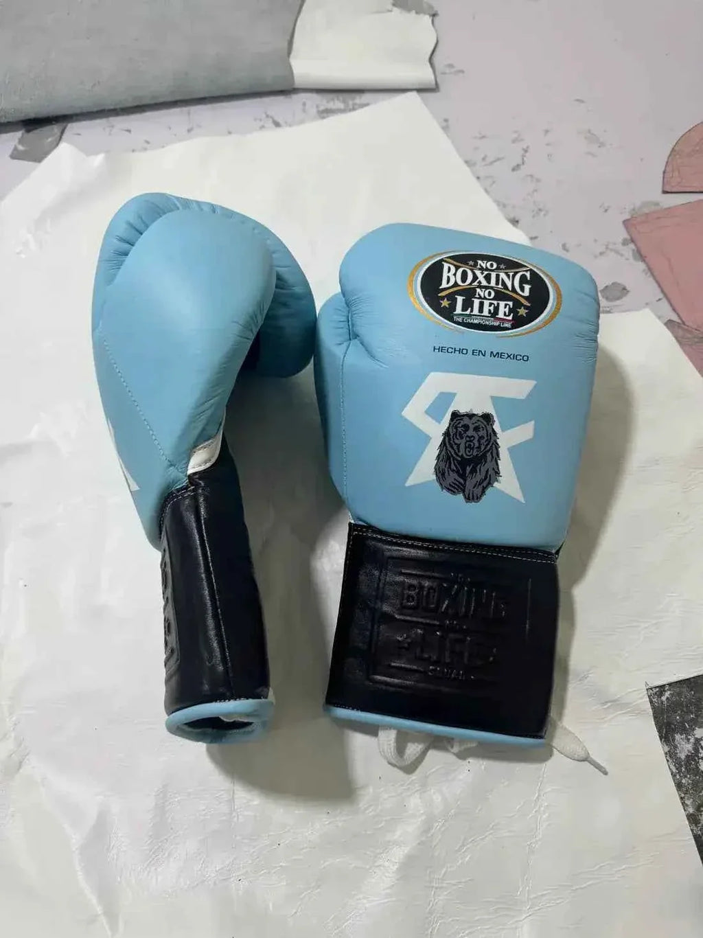 No Boxing No Life Professional Lace-Up Boxing Gloves - Sky Blue & Black Edition - PunchPro Boxing