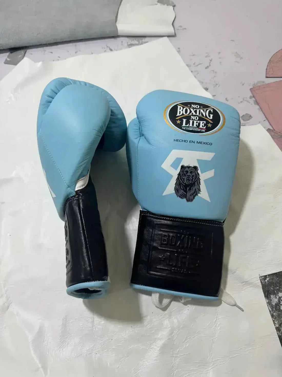 No Boxing No Life Professional Lace-Up Boxing Gloves - Sky Blue & Black Edition - PunchPro Boxing