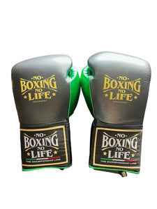No Boxing No Life Professional Lace-Up Boxing Gloves - Grey & Forest Green Edition - PunchPro Boxing