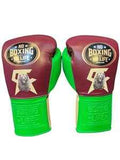 No Boxing No Life Boxing Gloves - Professional Lace-Up Boxing Gloves in Burgundy & Lime Green Squad Edition - PunchPro Boxing