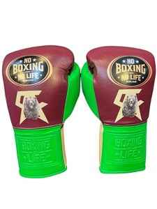 No Boxing No Life Boxing Gloves - Professional Lace-Up Boxing Gloves in Burgundy & Lime Green Squad Edition - PunchPro Boxing